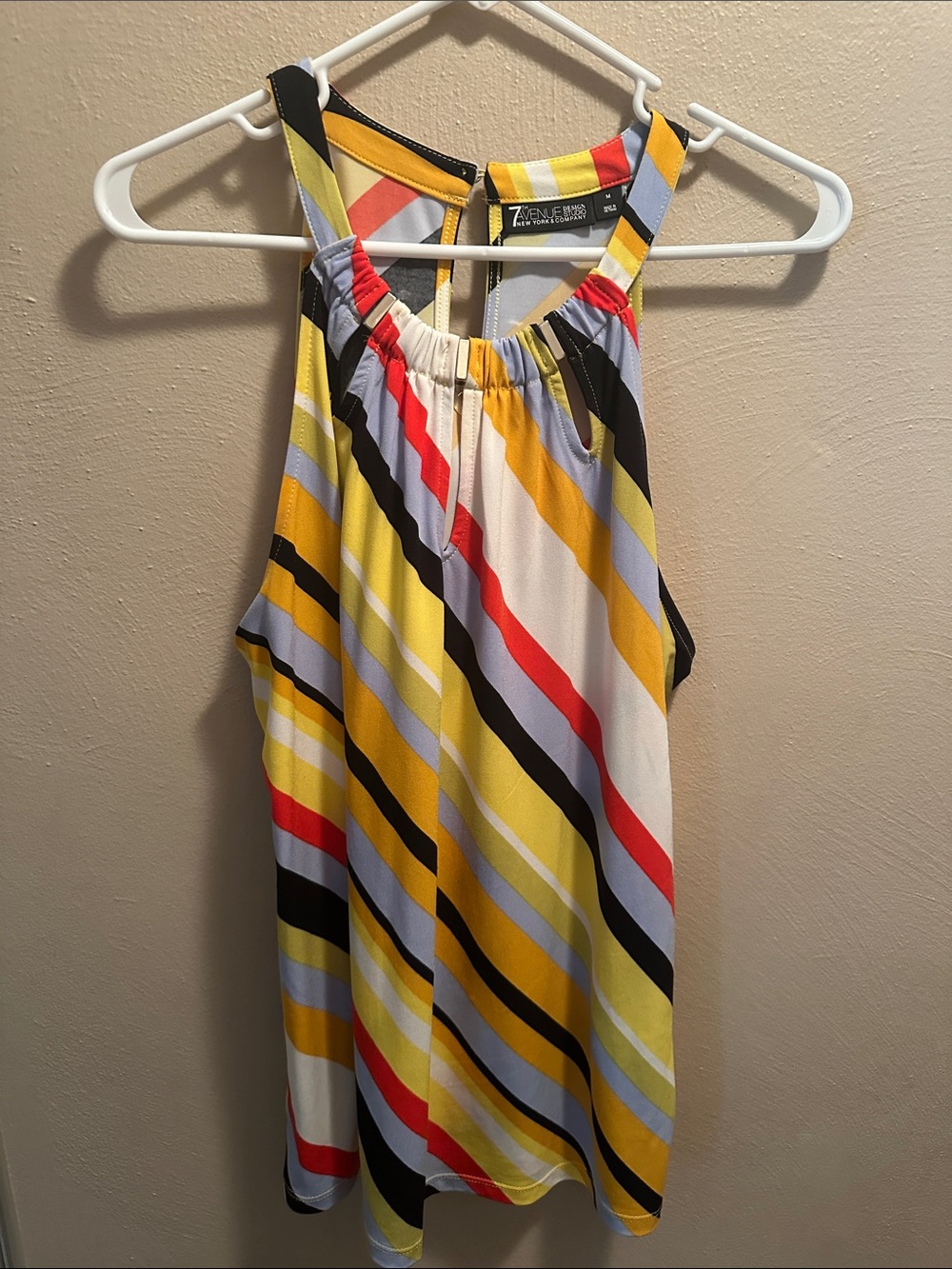 New York & Co Diagonal Striped Halter Tank in Yellow, Red, Black, Light Blue